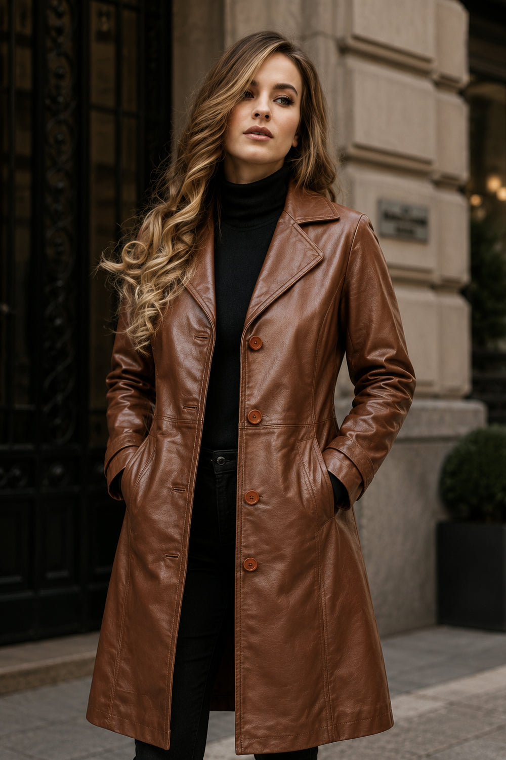 Brown Single Breasted Leather Coat