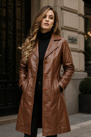 Brown Single Breasted Leather Coat