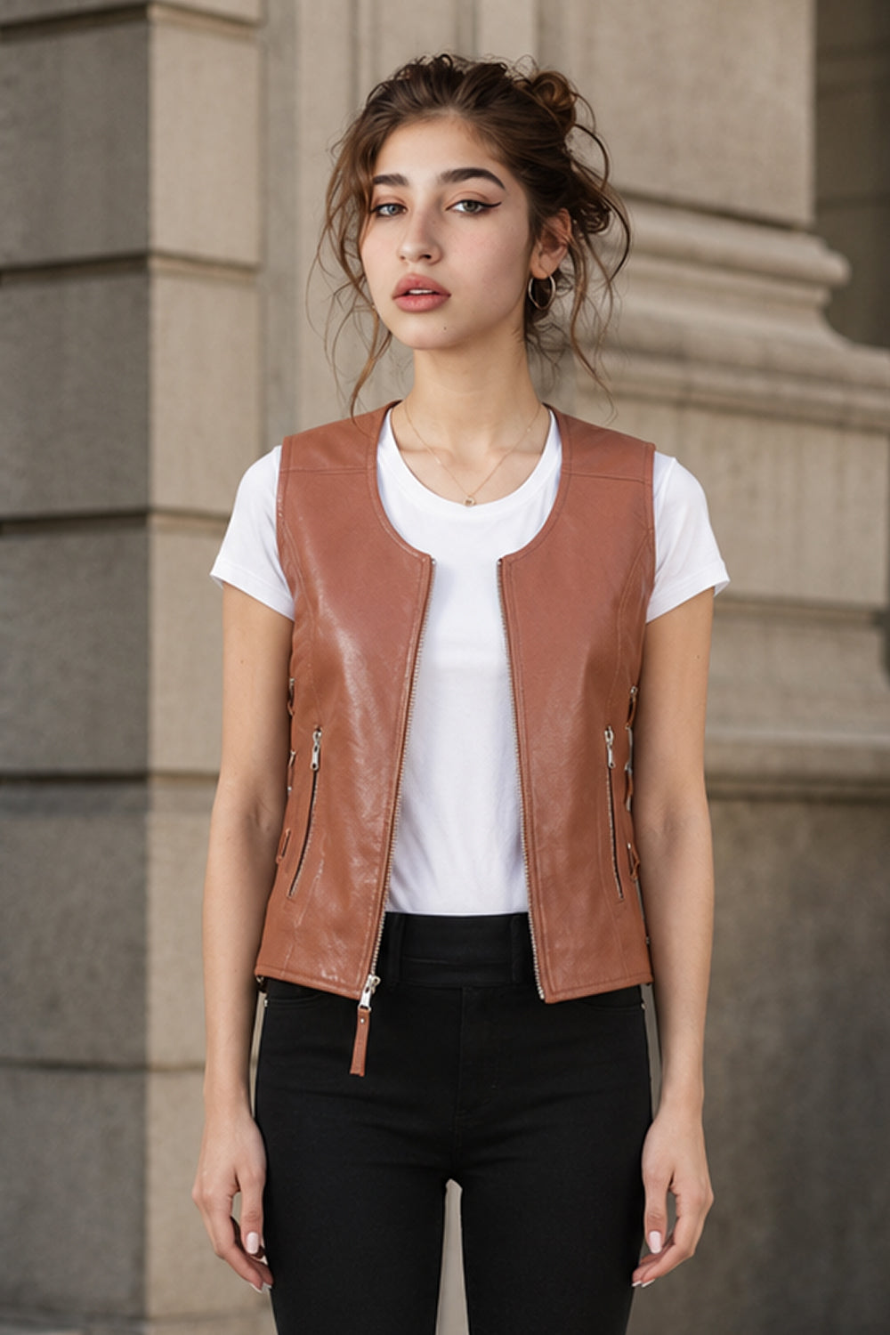 Women 27s Vanda Brown Leather Biker Vest