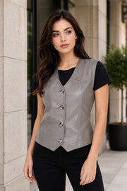 Womens V Neck Gray Leather Vest