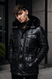 Belvedere Black Gloss Leather Parka