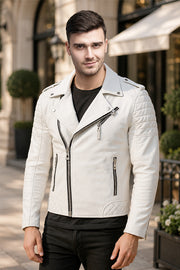 Pure White Leather Biker Jacket Mens