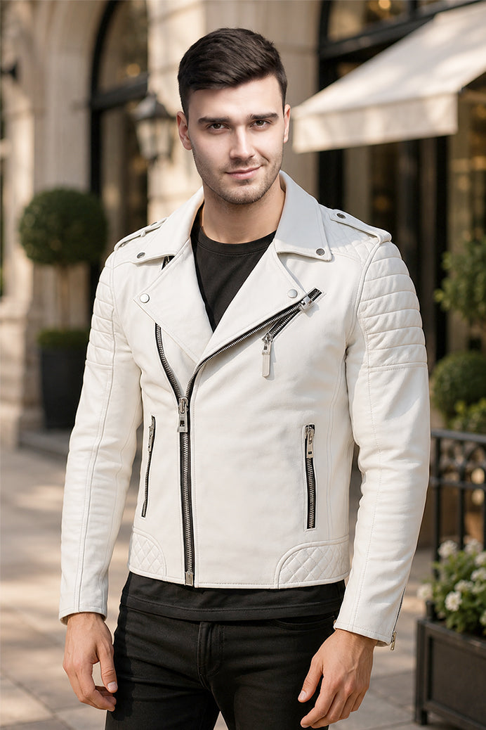Pure White Leather Biker Jacket Mens