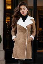 Distressed Brown Double Breasted Shearling Leather Coat