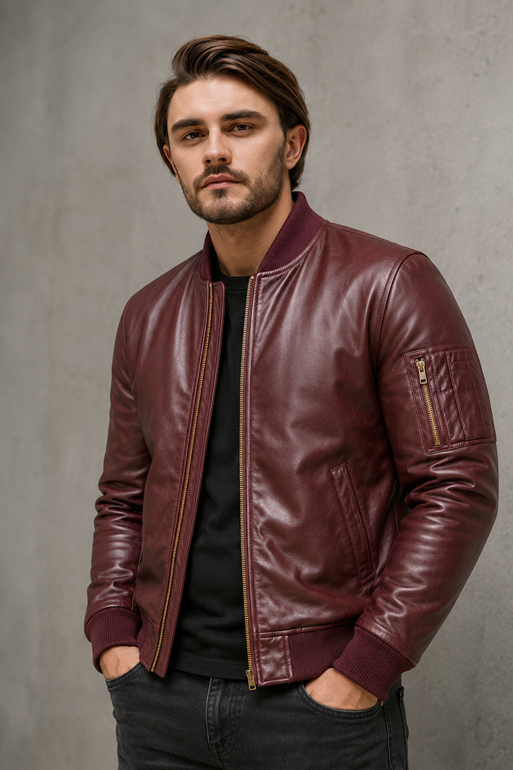 Radcliffe Burgundy Shine Leather Bomber Jacket