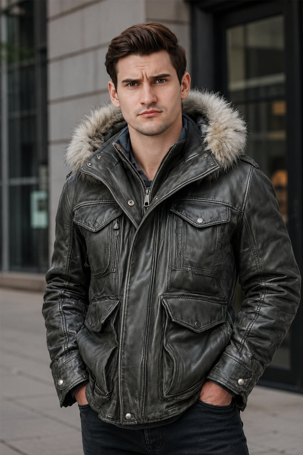 Marlowe Slate Gray Leather Parka