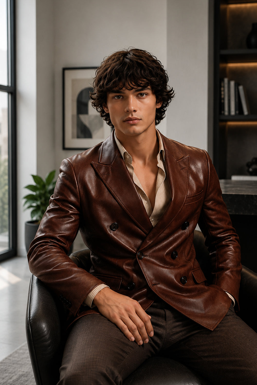 Langston Cognac Leather Double Breasted Blazer