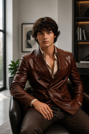 Langston Cognac Leather Double Breasted Blazer