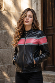 Pink Strip Bomber Leather Jacket Front
