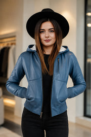 Blue Hooded Bomber Leather Jacket