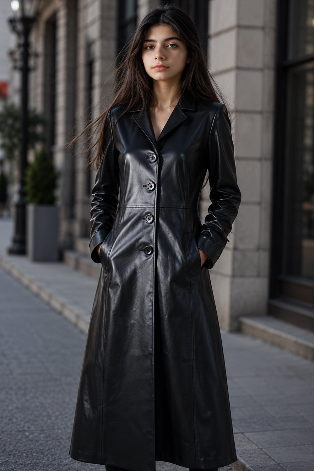 4 Button Trench Leather Coat