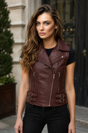 Rhonda Maroon Leather Biker Vest For Women