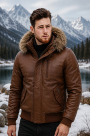 Genuine Brown Bomber Jacket With Fur Hood Mens
