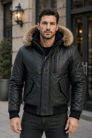 Premium Leather Bomber Jacket With Fur Hood