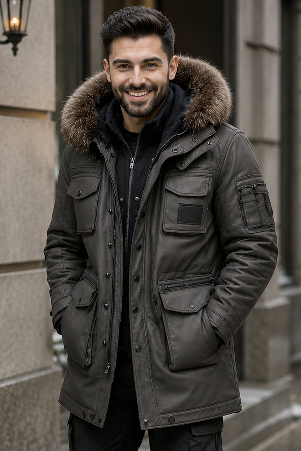 Bristol Slate Gray Leather Parka