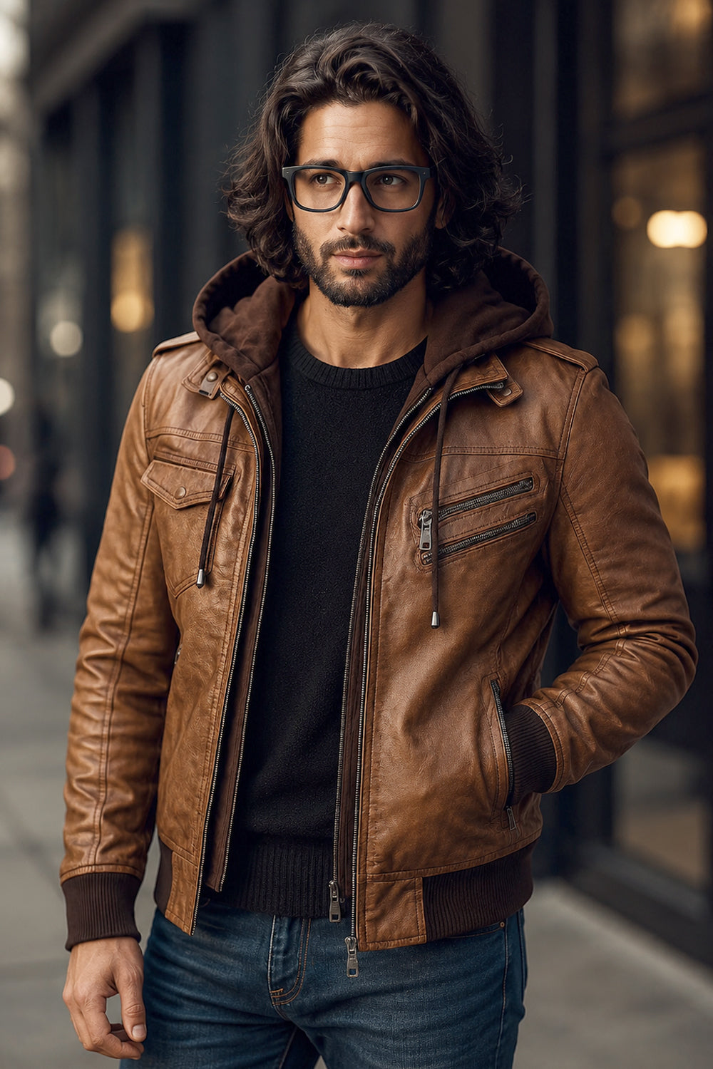 Olympus Waxed Cognac Brown Sheepskin Leather Bomber Jacket With Hood