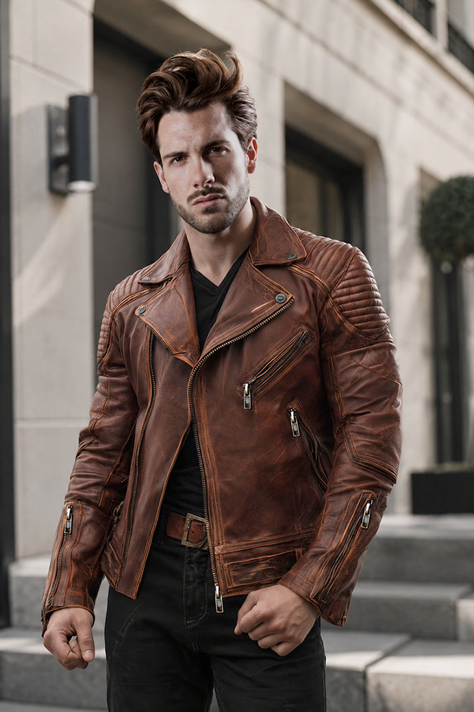 Montero Rust Leather Biker Jacket
