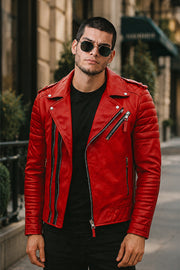 Double Breasted Mens Red Leather Biker Jacket