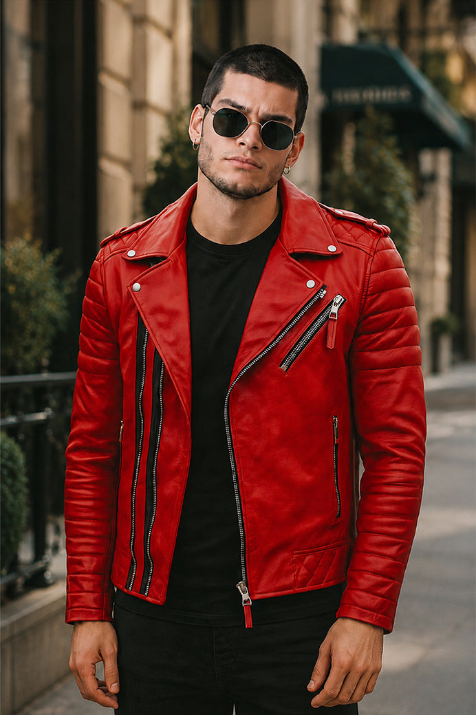 Double Breasted Mens Red Leather Biker Jacket