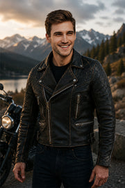 Mens Vintage Distressed Black Biker Leather Jacket