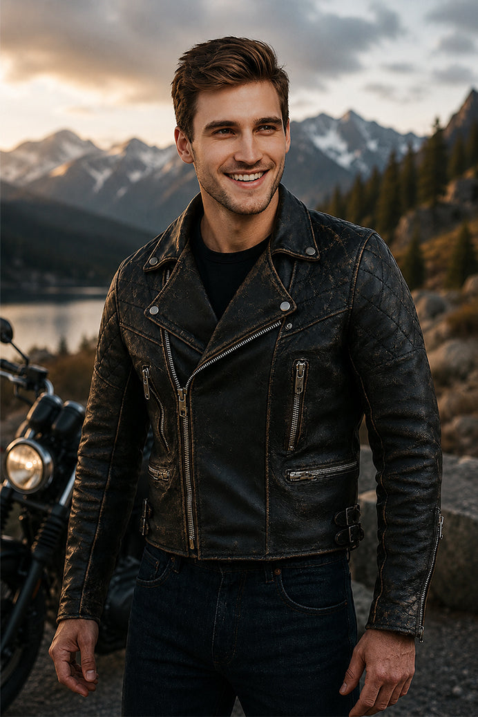 Mens Vintage Distressed Black Biker Leather Jacket