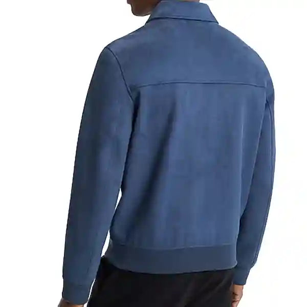 Blue Faux Suede Leather Bomber Jacket