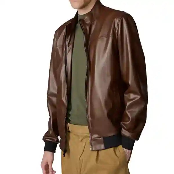 Faux Brown Leather Bomber Jacket