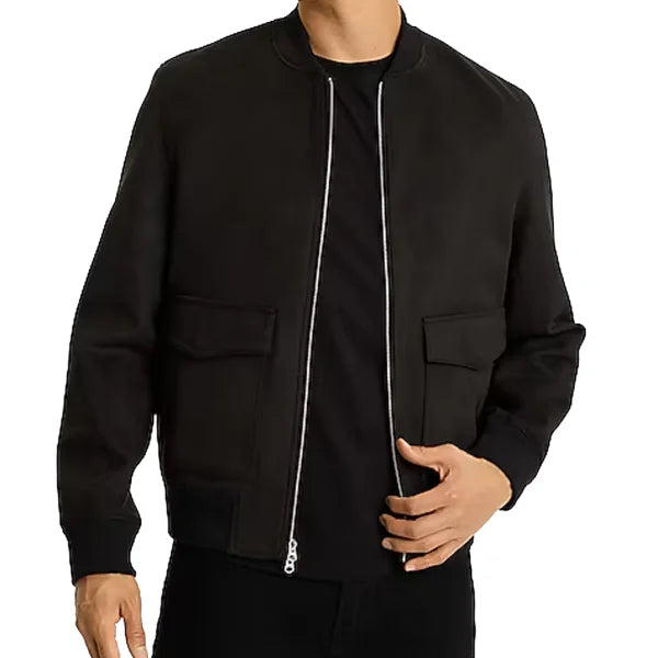 Faux Suede Double Pocket Leather Bomber Jacket
