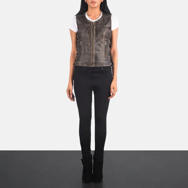 Women 27s Vanda Distressed Brown Leather Biker Vest
