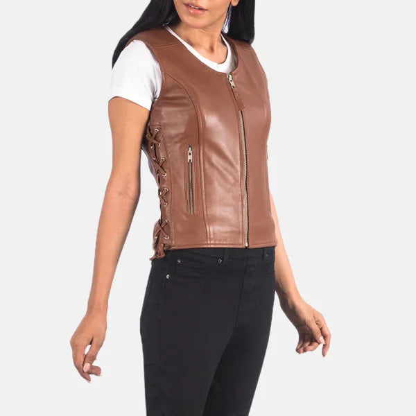 Women 27s Vanda Brown Leather Biker Vest