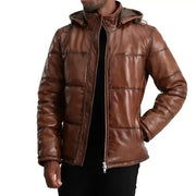 Gordon Waxed Brown Hooded Leather Puffer Jacket