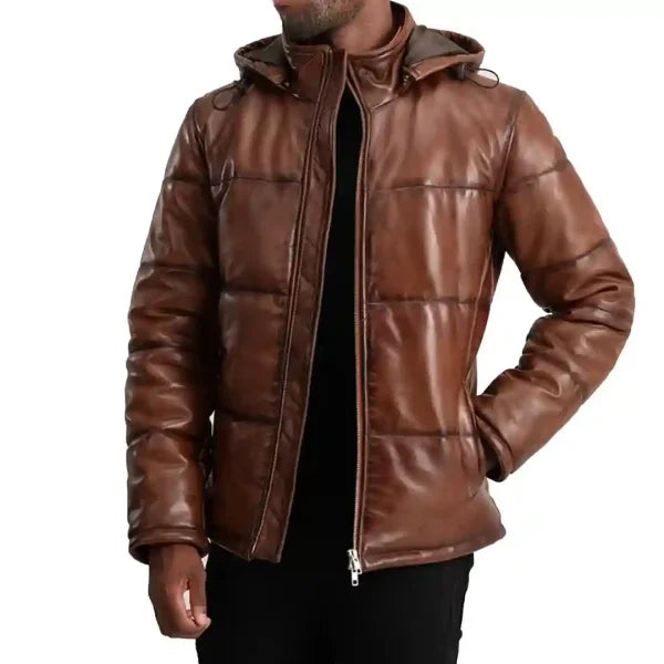 Gordon Waxed Brown Hooded Leather Puffer Jacket