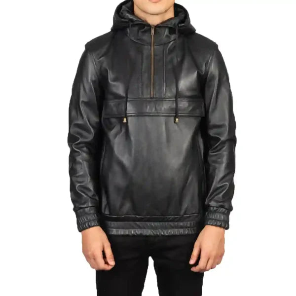Kenton Hooded Black Leather Pullover Jacket
