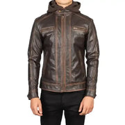 Vintage Brown Hooded Leather Biker Jacket
