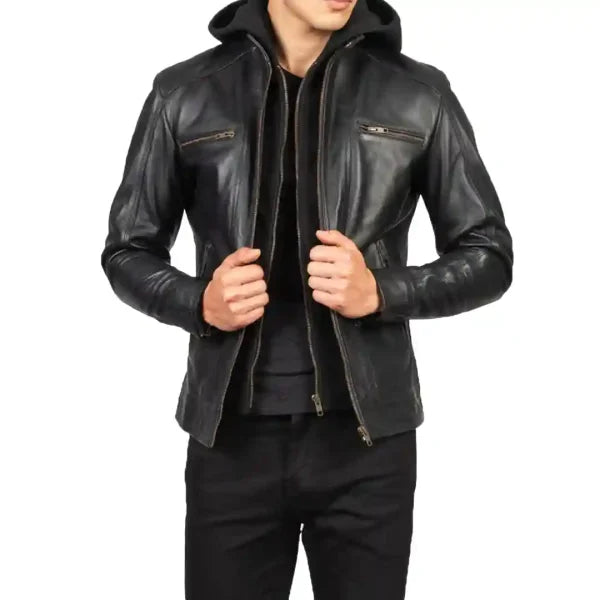 Hector Black Hooded Leather Biker Jacket