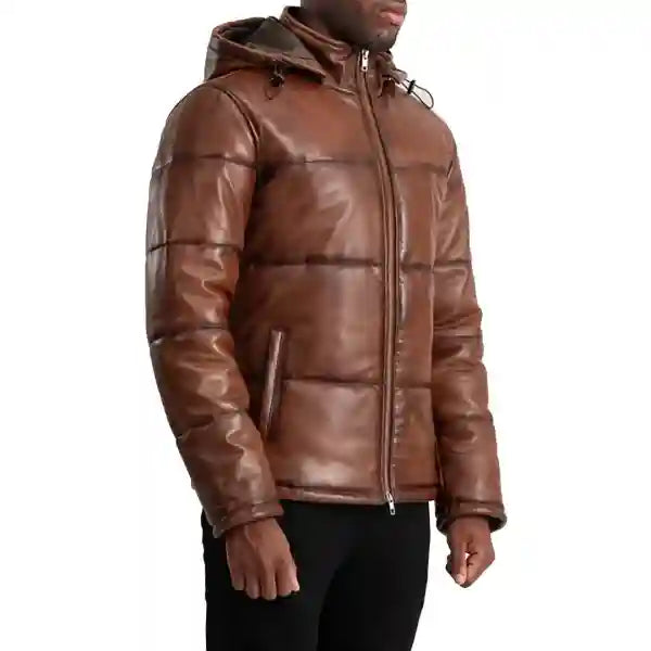 Gordon Waxed Brown Hooded Leather Puffer Jacket