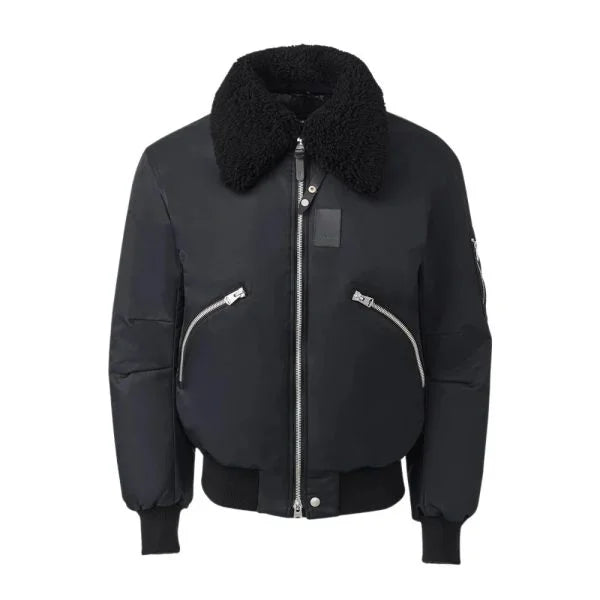 Black Shearling Collar Bomber Jacket