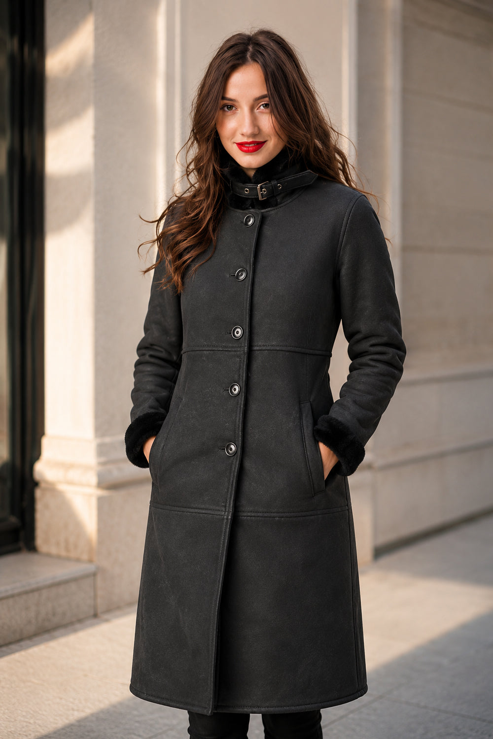 Black Shearling Leather Coat