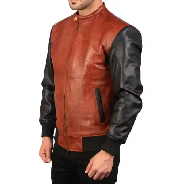 Avan Black & Maroon Leather Bomber Jacket - Image 4