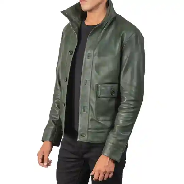 Columbus Green Leather Bomber Jacket - Image 4