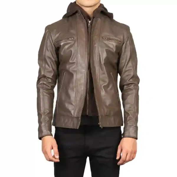 Hector Brown Hooded Leather Biker Jacket