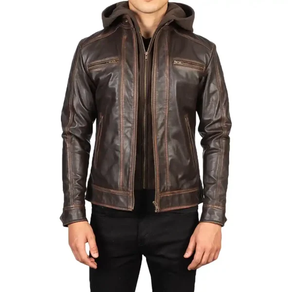 Vintage Brown Hooded Leather Biker Jacket