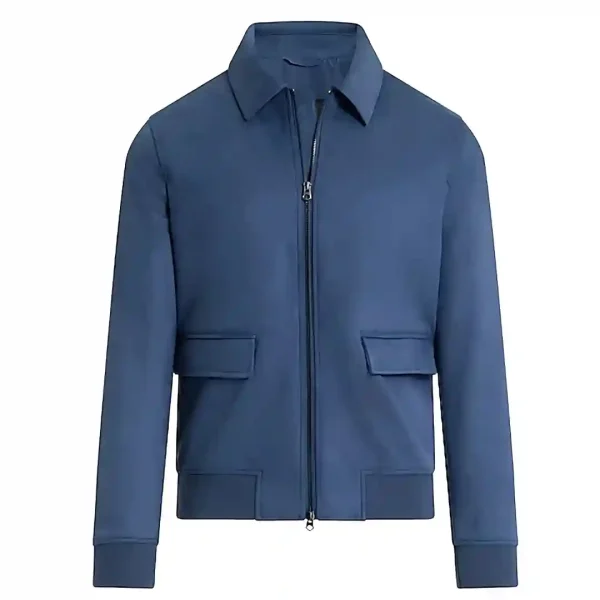 Blue Faux Suede Leather Bomber Jacket