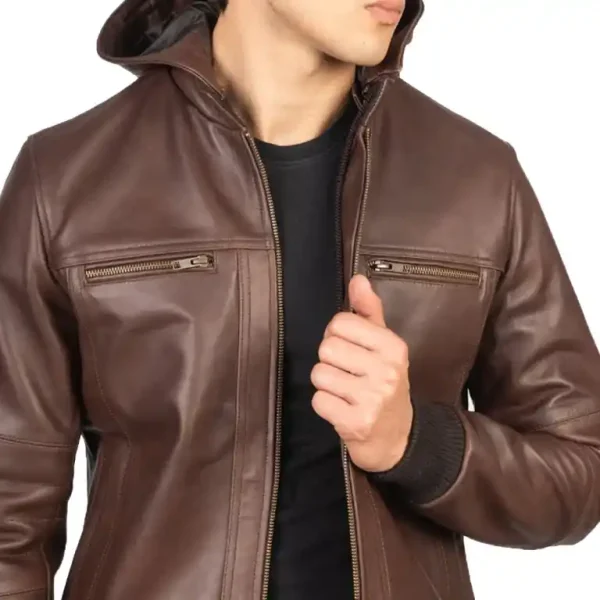 Bouncer Biz Brown Leather Bomber Jacket - Image 2