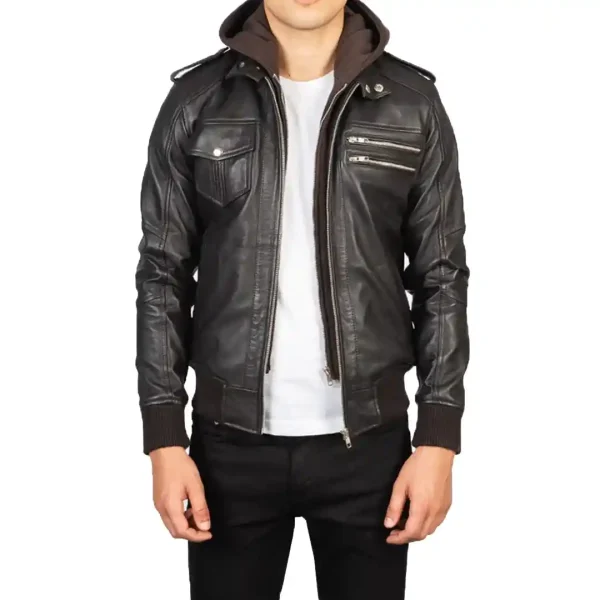 Brown Hooded Leather Bomber Jacket