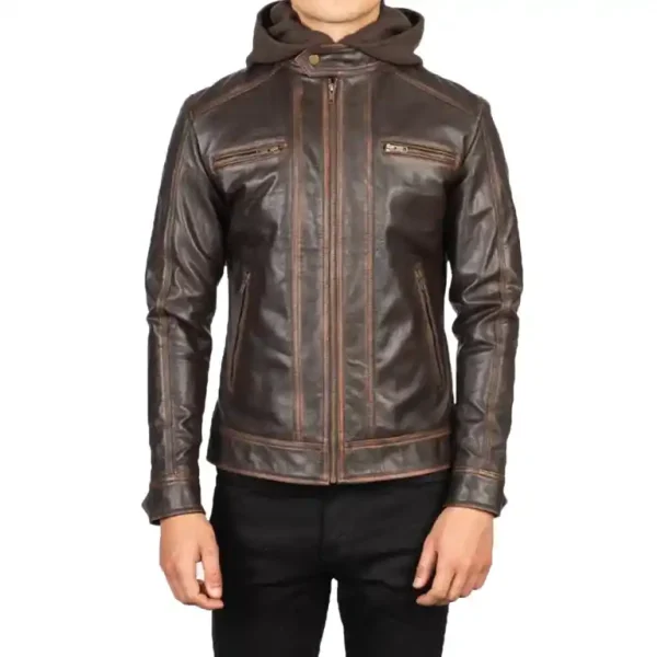 Vintage Brown Hooded Leather Biker Jacket - Image 2