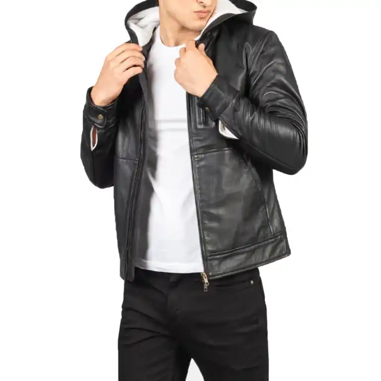 Baston Black Hooded Leather Bomber Jacket - Image 5