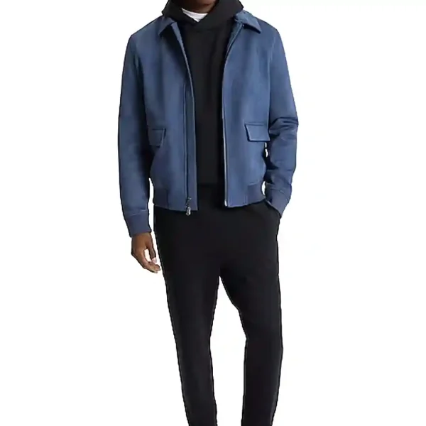Blue Faux Suede Leather Bomber Jacket - Image 2