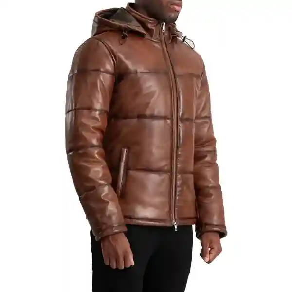 Gordon Waxed Brown Hooded Leather Puffer Jacket - Image 2