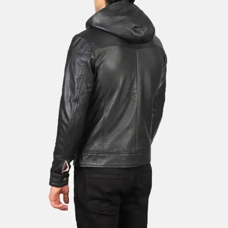Baston Black Hooded Leather Bomber Jacket - Image 2